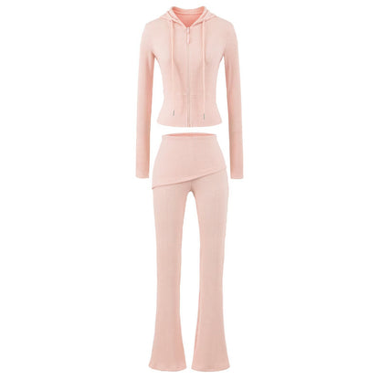 Women's Ribbed Lounge Set with Hooded Jacket and Wrap Waist Pants EVA-US