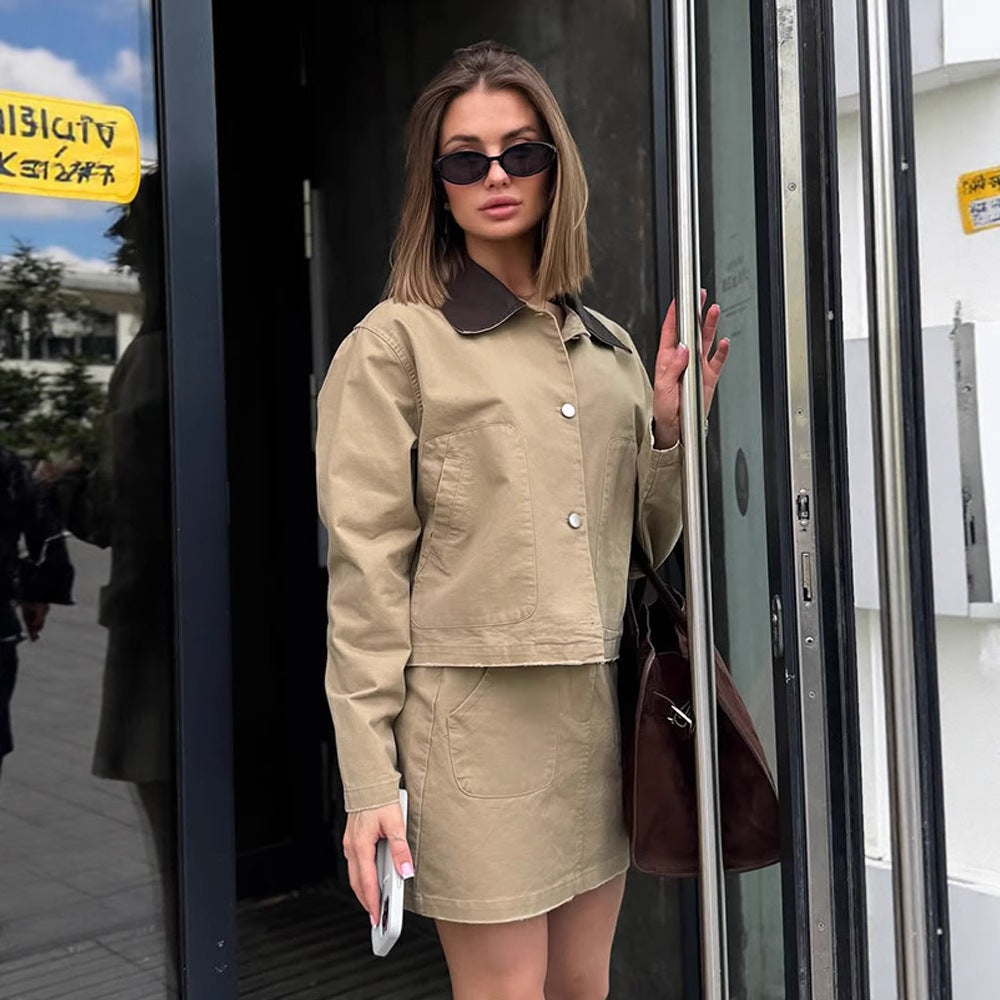 Women's Two-Piece Cotton Utility Set with Cropped Jacket and Mini Skirt EVA-US