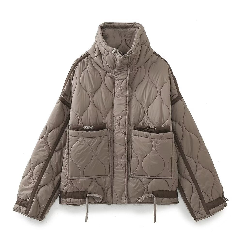 Women's quilted jacket with standing collar oversized short jacket with drawstring EVA-US