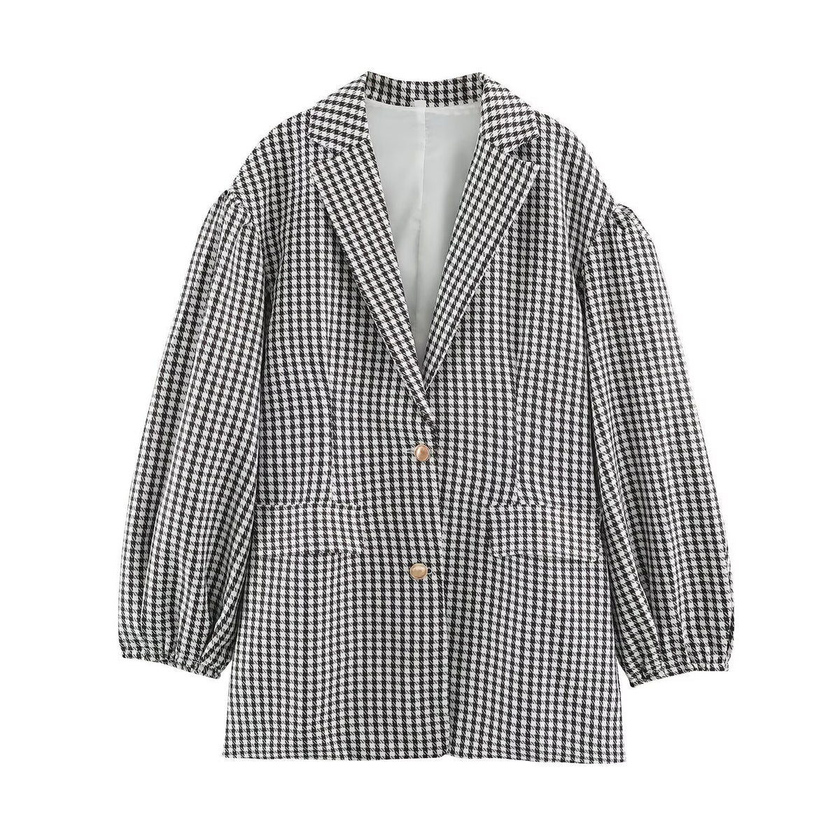Women Oversized Blazer in Houndstooth Pattern with Balloon Sleeves and Patching Pockets EVA-US
