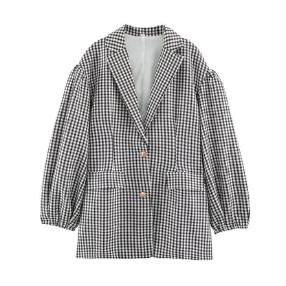 Women Oversized Blazer in Houndstooth Pattern with Balloon Sleeves and Patching Pockets EVA-US