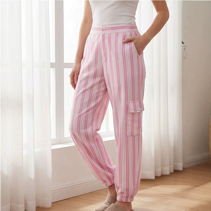 Women's Striped Cargo Lounge Pants with High Waist, Elastic Ankle Cuffs and Flap Pockets EVA-US