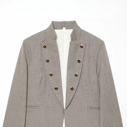 Women Cropped, tailored blazer with stand-up collar, double decorative button placket and asymmetrical hem EVA-US