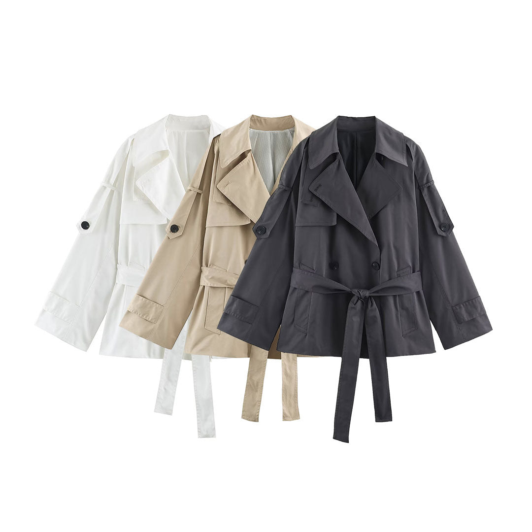 Women's short lightweight trench coat with tie belt, dropped shoulders and double button placket EVA-US