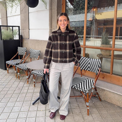 Women's short jacket in checked faux fur boxy cut with shawl collar EVA-US