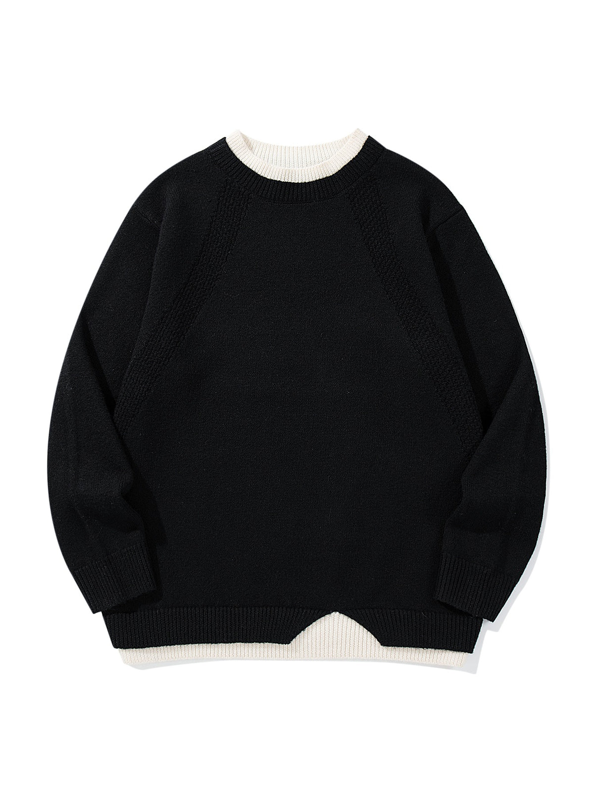 Women's Structured Rib and Waffle Knit Round Neck Sweater with Layered Hem EVA-US