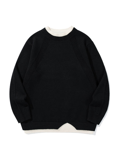 Women's Structured Rib and Waffle Knit Round Neck Sweater with Layered Hem EVA-US
