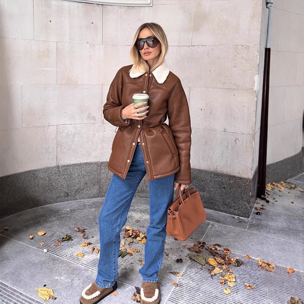 Women's Fitted Faux Leather Jacket with Drawstring, Teddy Collar and Snap Button Placket EVA-US