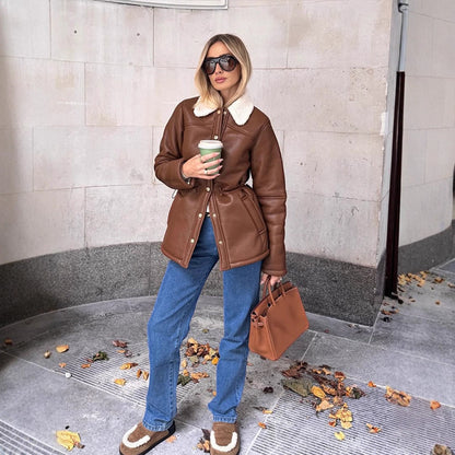 Women's Fitted Faux Leather Jacket with Drawstring, Teddy Collar and Snap Button Placket EVA-US