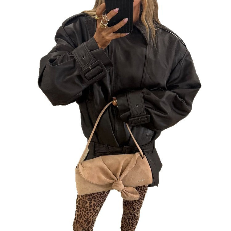 Women Oversize Leather Jacket with Shaping Tie Belt and Ruffle Hem EVA-US