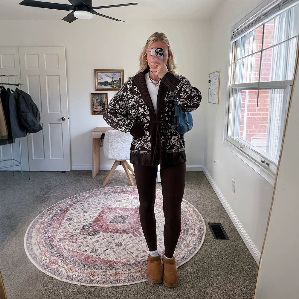Women's knitted cardigan with shawl collar, Fair Isle pattern and tie belt EVA-US