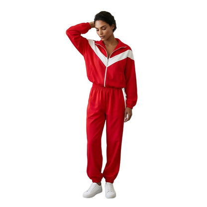 Women's Retro Tracksuit with Zipper Jacket and Elastic Waist Pants EVA-US