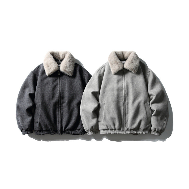 Men's Short Boxy Wool Blend Pilot Jacket with Faux Fur Collar and Elastic Hem EVA-US
