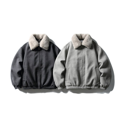 Men's Short Boxy Wool Blend Pilot Jacket with Faux Fur Collar and Elastic Hem EVA-US