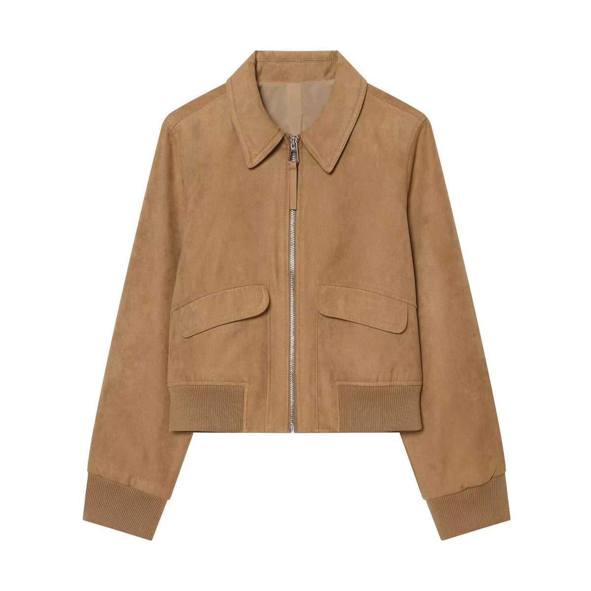 Women's Short Jacket in Suede Look Bomber with Zipper, Flap Pockets and Ribbed Cuffs EVA-US