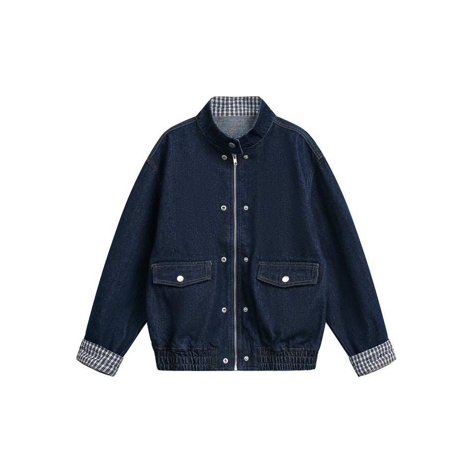 Unisex Boxy Denim Jacket with Check Lining, Stand-Up Collar and Flap Pockets EVA-US