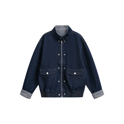 Unisex Boxy Denim Jacket with Check Lining, Stand-Up Collar and Flap Pockets EVA-US