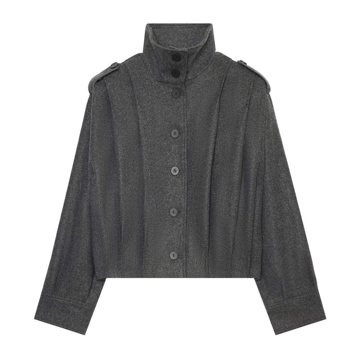 Women's Cropped Cape Jacket with High Stand Collar, Shoulder Straps and Continuous Button Placket EVA-US