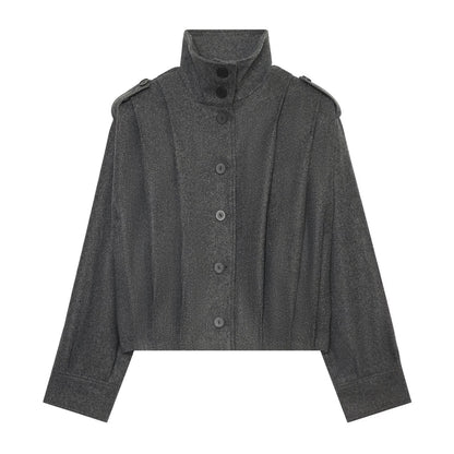 Women's Cropped Cape Jacket with High Stand Collar, Shoulder Straps and Continuous Button Placket EVA-US