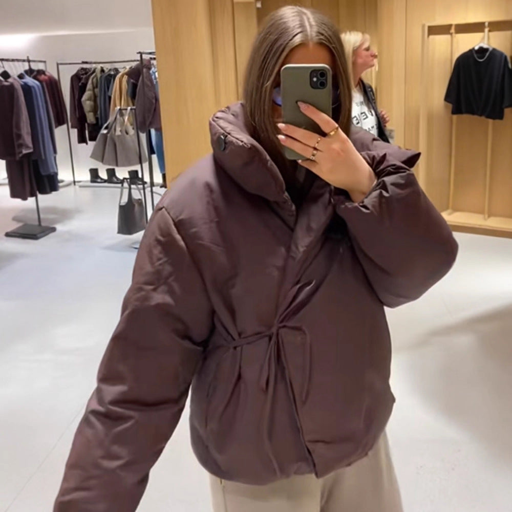 Women Short Padded Oversized Puffer Jacket with Hood and Tie Belt EVA-US