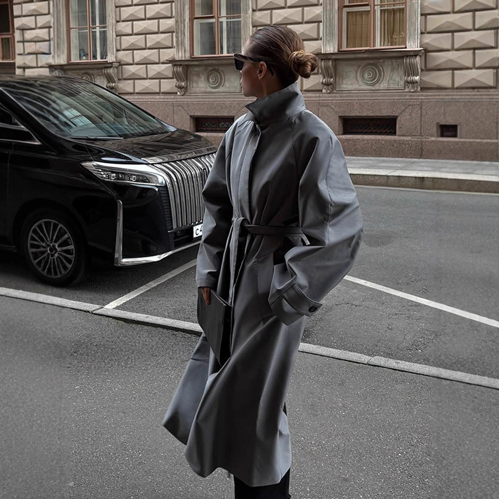 Women Oversized Trench Coat with High Stand Collar, Tie Belt and Concealed Button Placket EVA-US