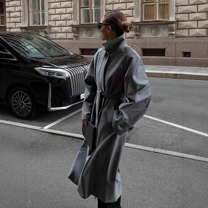 Women Oversized Trench Coat with High Stand Collar, Tie Belt and Concealed Button Placket EVA-US