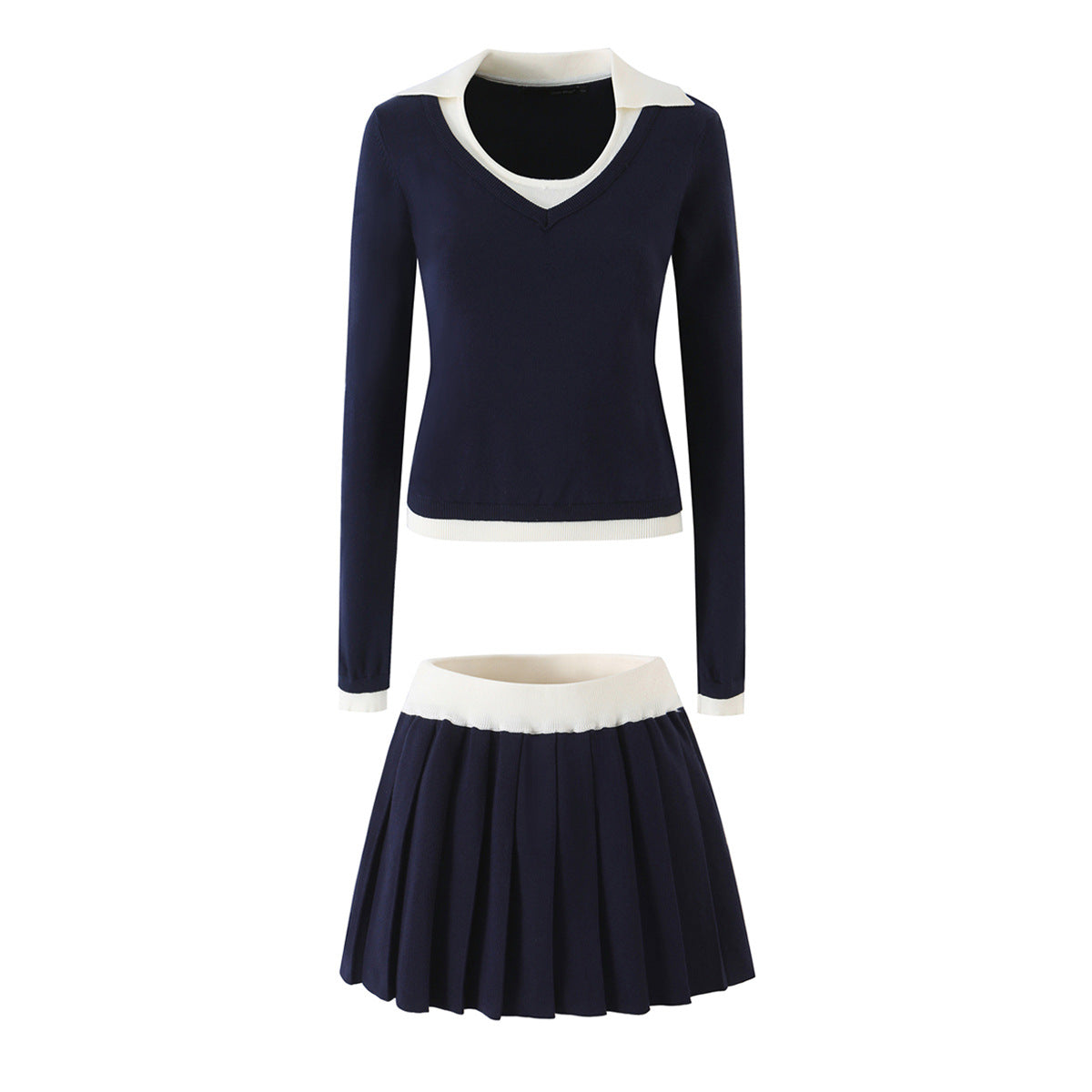 Women’s Two-Piece Fine Knit Set with V-Neck, Contrasting Collar and Pleated Mini Skirt EVA-US