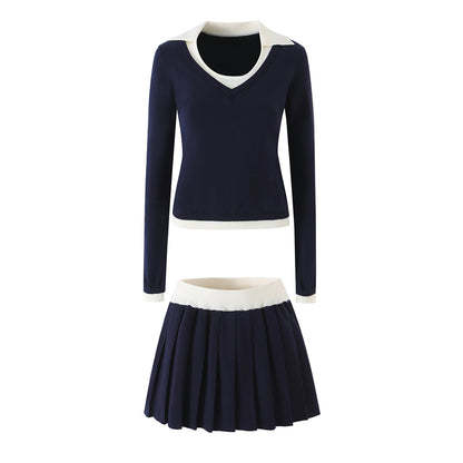 Women’s Two-Piece Fine Knit Set with V-Neck, Contrasting Collar and Pleated Mini Skirt EVA-US