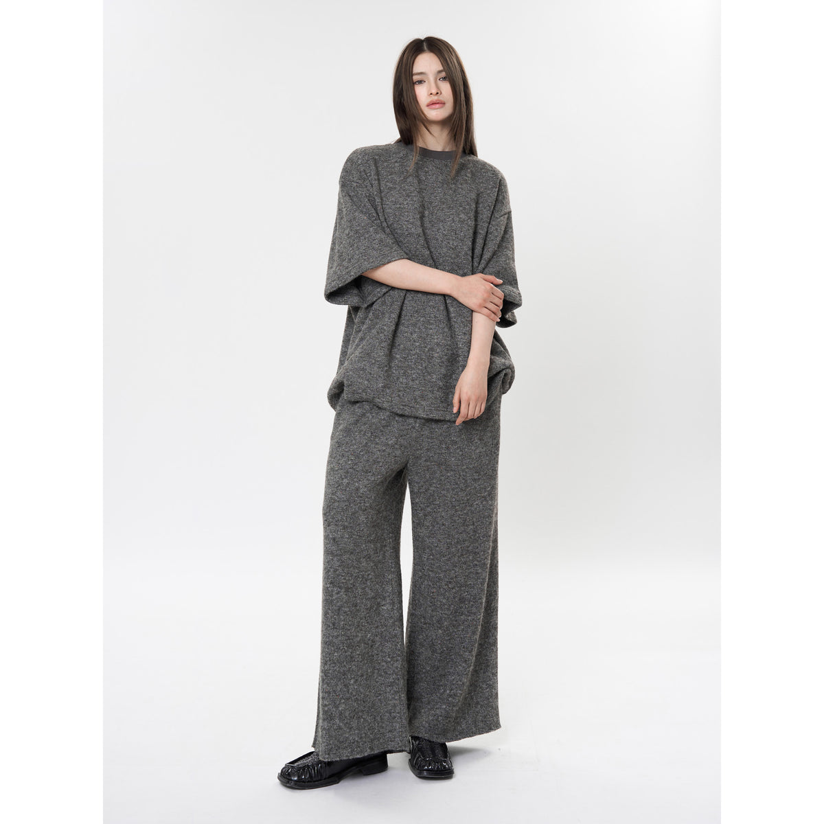 Women's Oversized Knit Set with Boxy Short Sleeve Sweater and Wide High-Waist Palazzo Pants EVA-US
