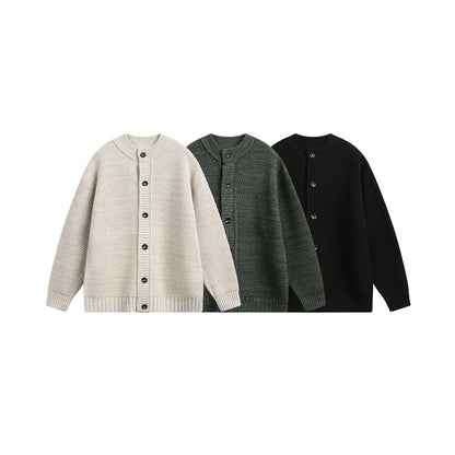 Women's Structured Oversize Knit Cardigan with Round Neck and Continuous Button Placket EVA-US