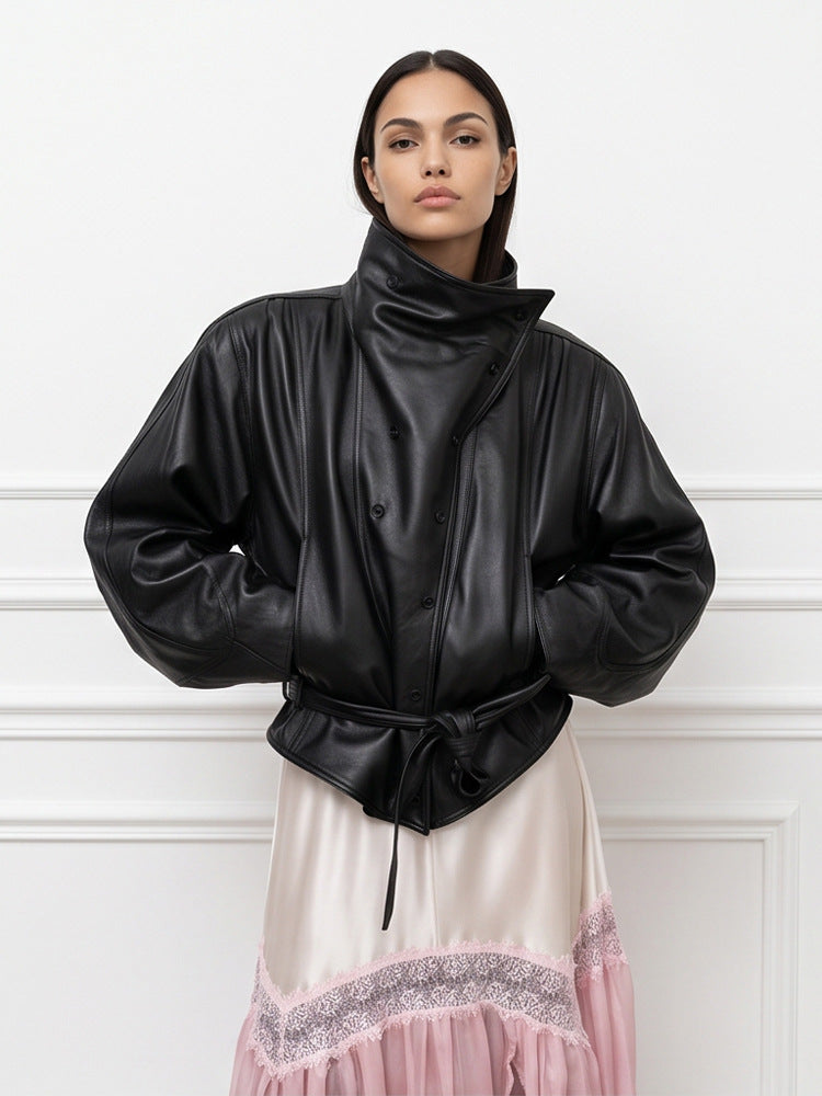 Women's Oversized Faux Leather Bomber Jacket with High Stand Collar and Waist Belt EVA-US