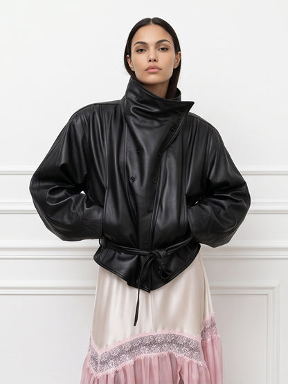 Women's Oversized Faux Leather Bomber Jacket with High Stand Collar and Waist Belt EVA-US