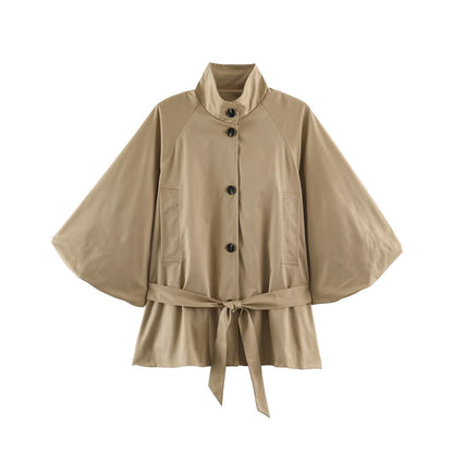 Women Short Cape Trench with Wide Batwing Sleeve, Stand Collar and Waist Belt EVA-US