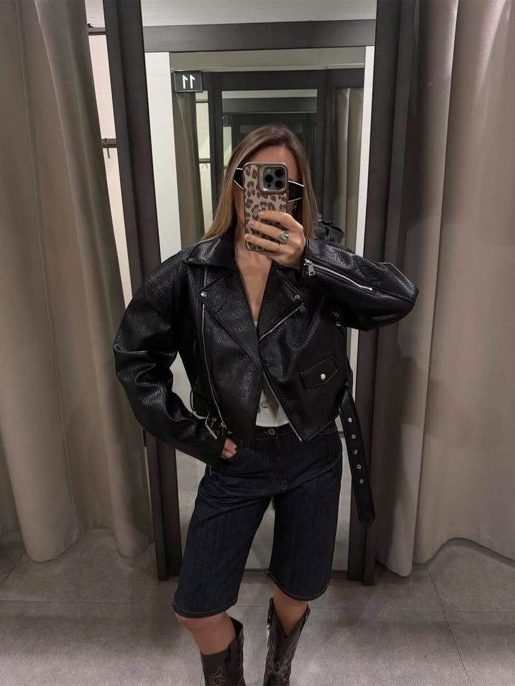 Women Short Structured Biker Jacket Made of Faux Leather EVA-US