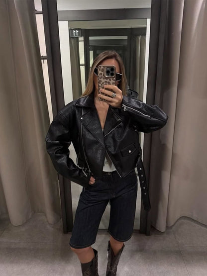 Women Short Structured Biker Jacket Made of Faux Leather EVA-US