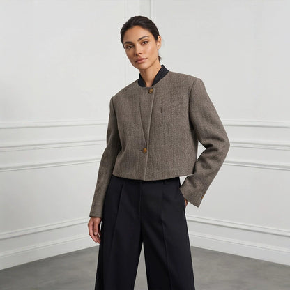 Ladies Short Cut Wool Blazer with Stand-up Collar and Herringbone Pattern EVA-US