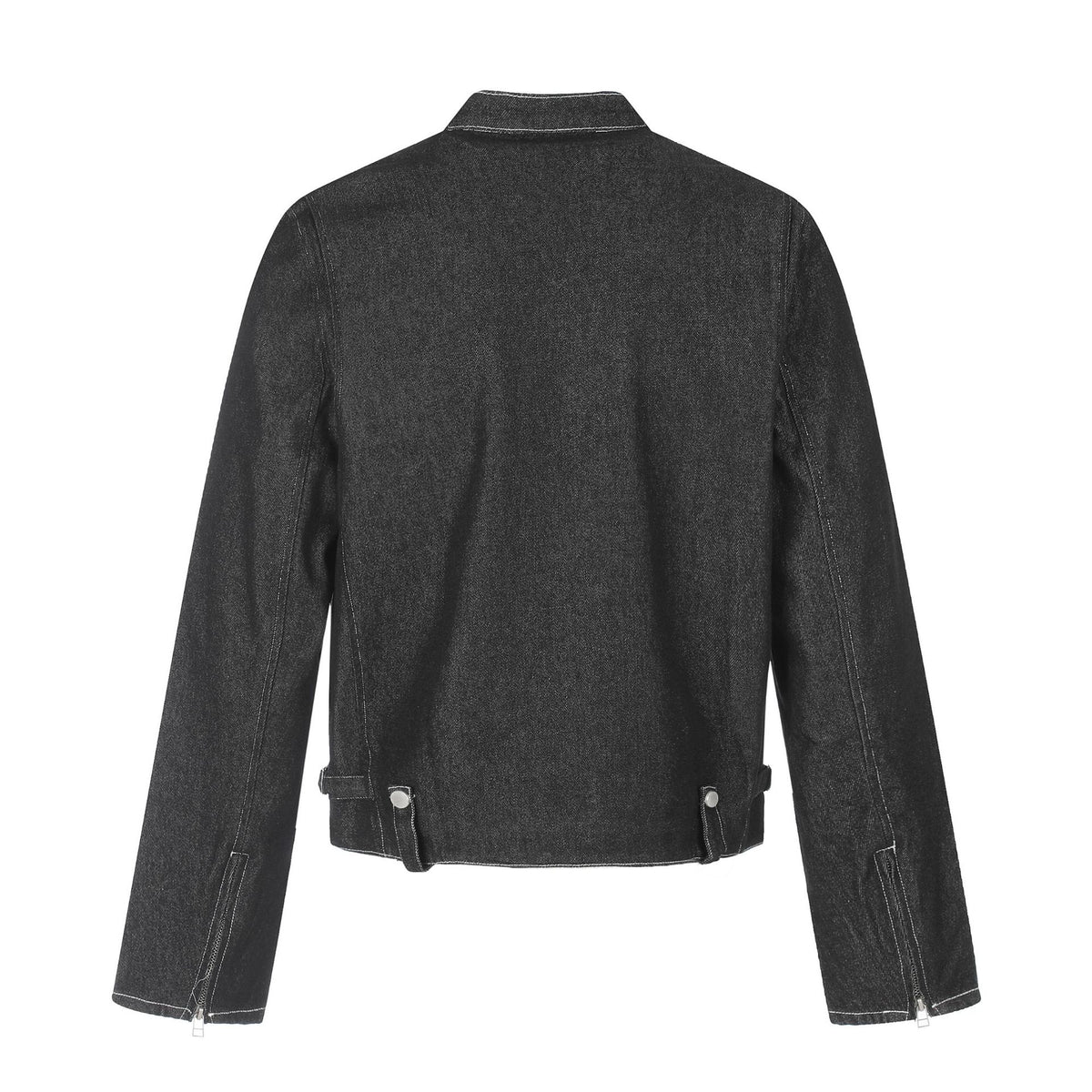 Men's short denim-inspired worker blouson with stand collar, zipper chest pockets, and adjustable waist straps EVA-US