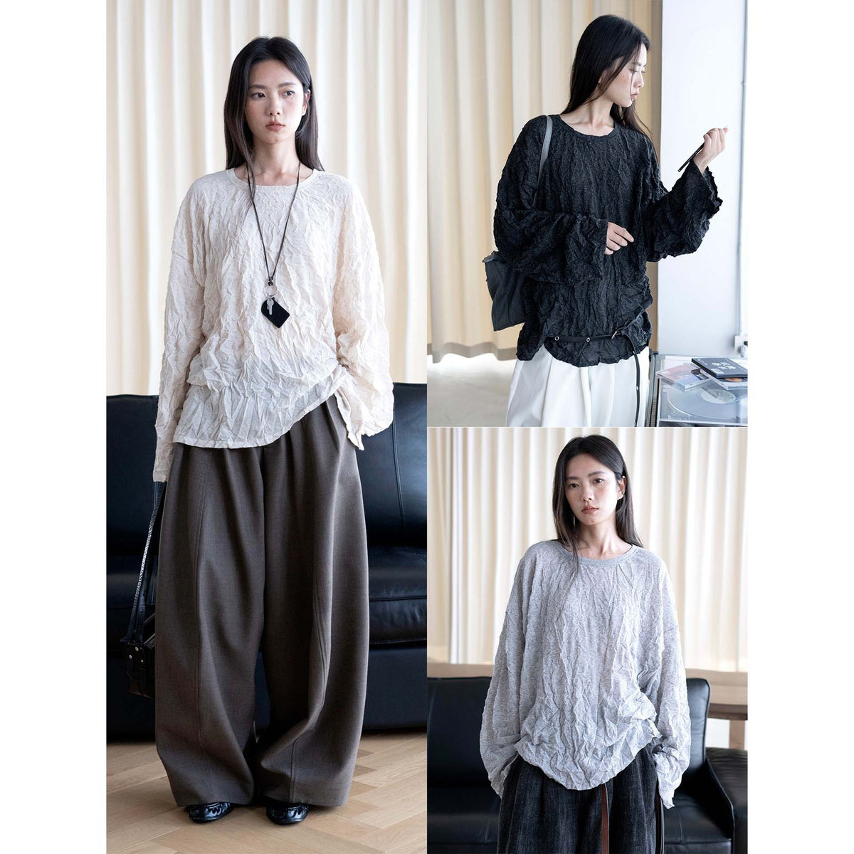 Women's Crinkled Oversize Blouse made of Linen Blend with Textured Pleated Look EVA-US
