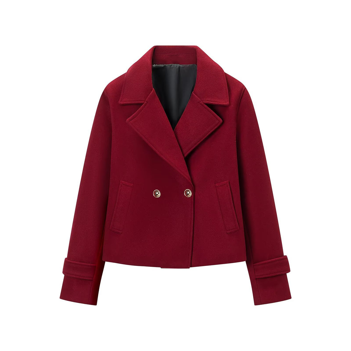 Women Short Double-Breasted Wool Mix Short Coat with Large Lapels, Roll-Up Cuffs and Flap Pockets EVA-US