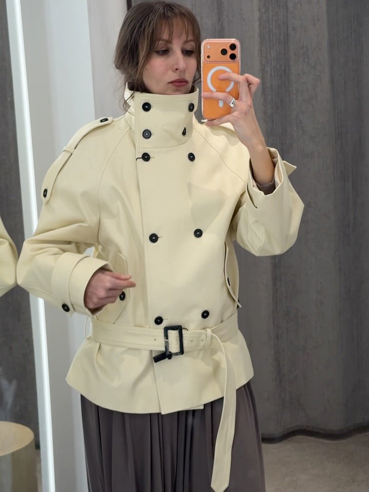 Women Short Double-Breasted Trench Jacket with High Standing Collar and Waist Belt EVA-US