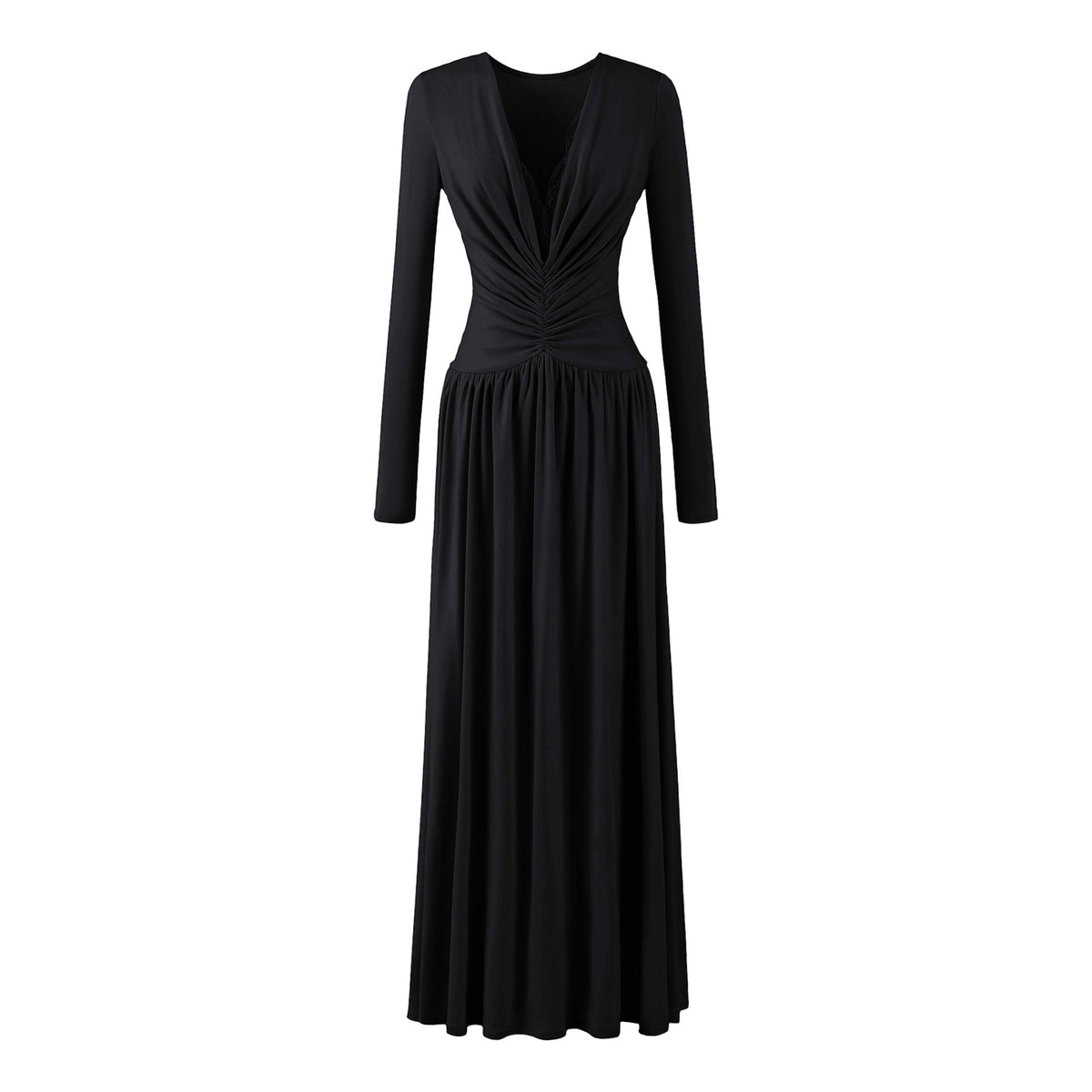 Women Maxi Dress with Ruched Wrap Top, Deep V-Neck and Lace Trim EVA-US