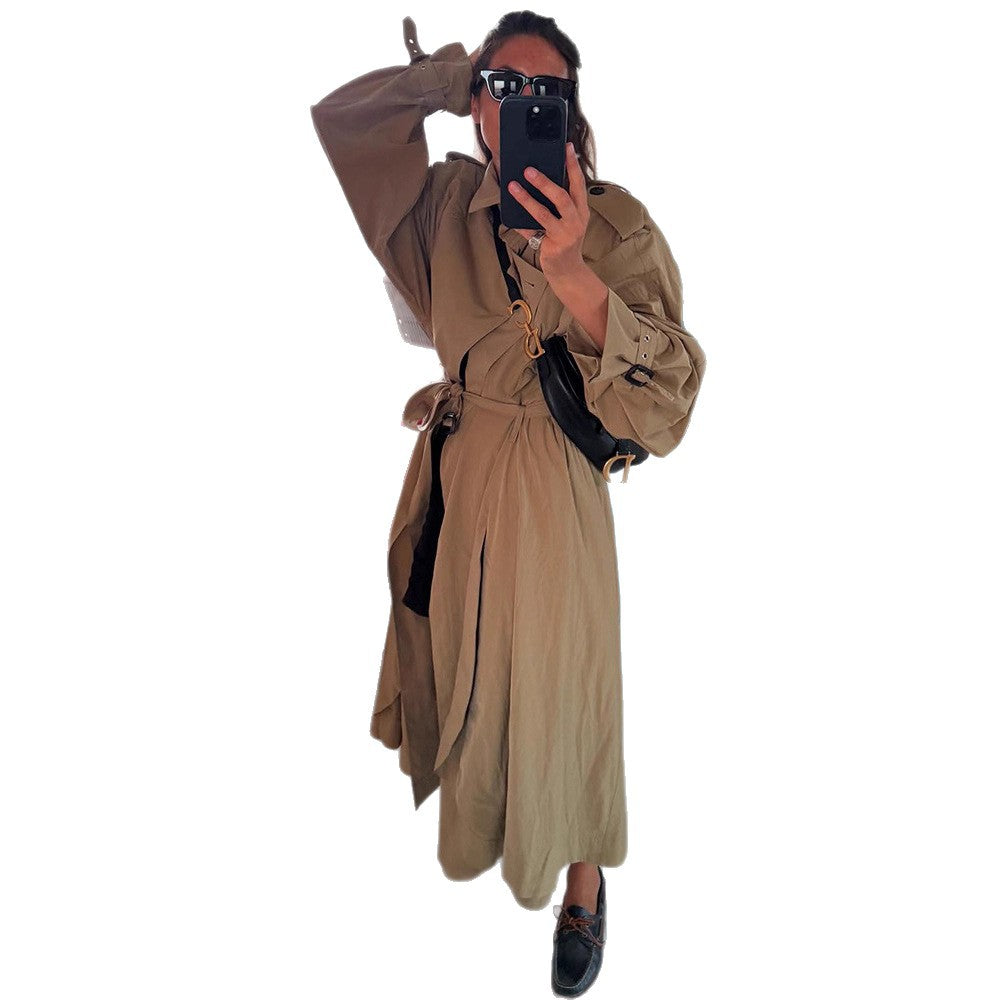 Women's Oversized Trench Coat with Voluminous Balloon Sleeves, Drawstring, and Removable Hood EVA-US