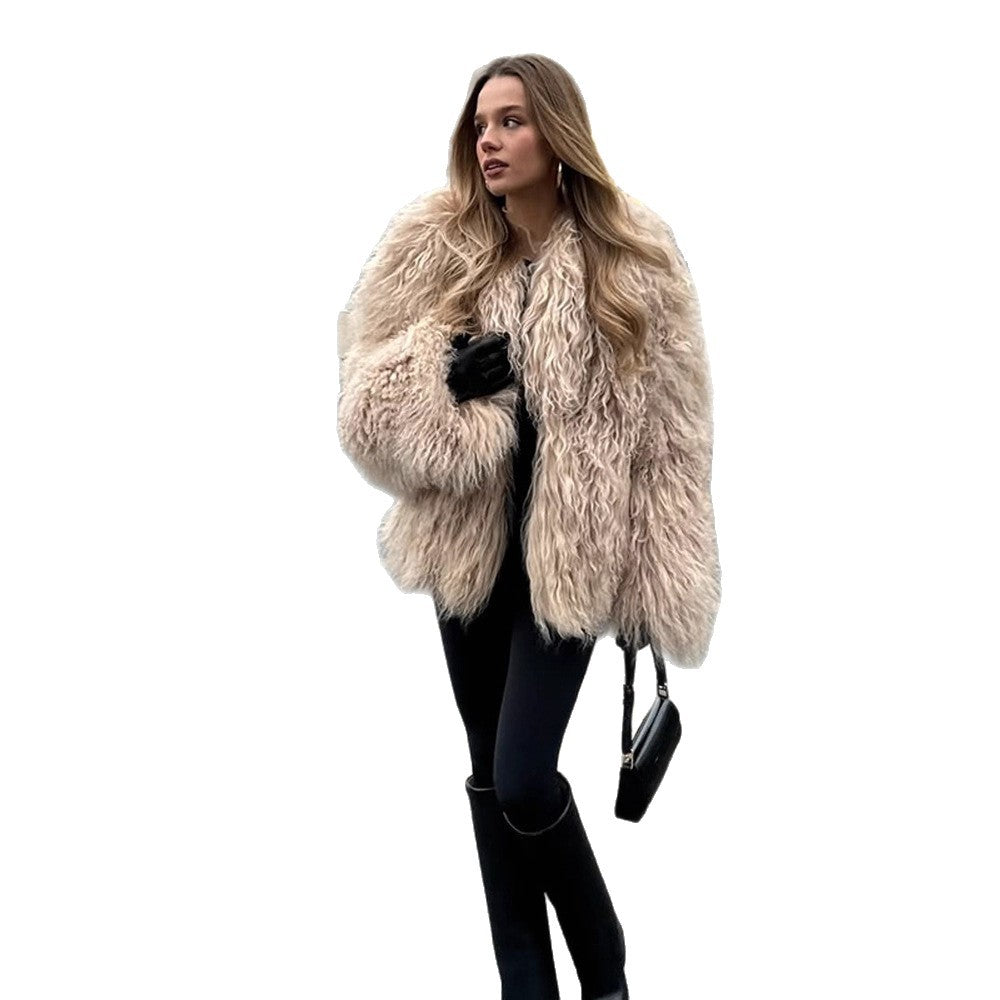 Women's short jacket made of voluminous lambskin imitation with curly structure EVA-US