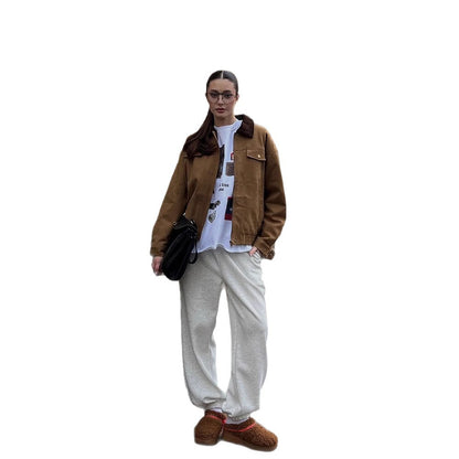 Women's Boxy Suede Blouson Jacket with Cord Collar and Teddy Lining EVA-US