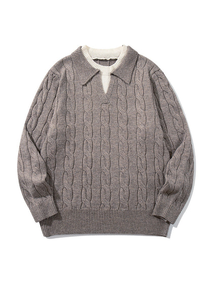 Unisex Structured Cable Knit Sweater with Polo Collar and Deep V-Neck EVA-US
