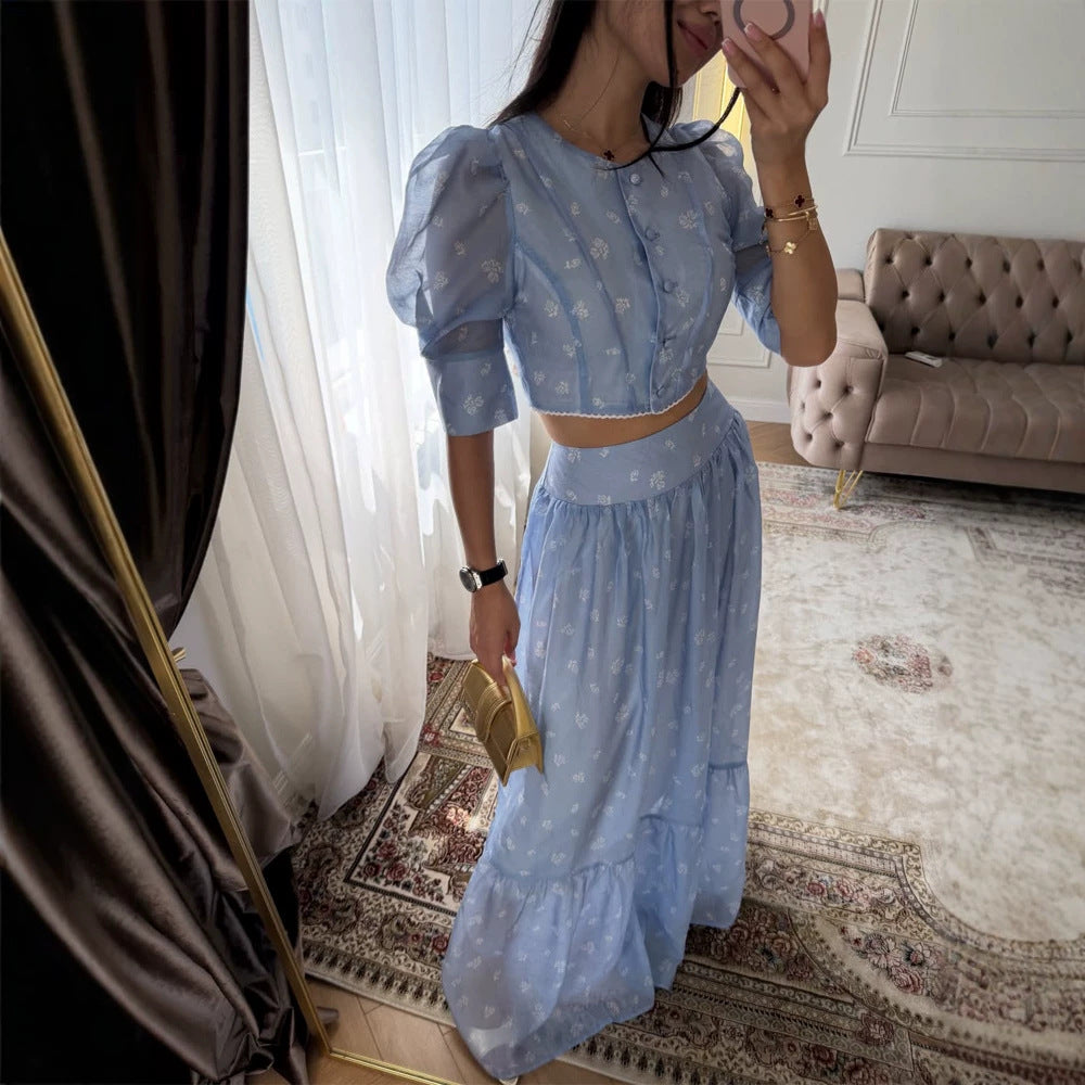 Women's Two-Piece Chiffon Set with Cropped Puff Blouse and Tiered Maxi Skirt EVA-US