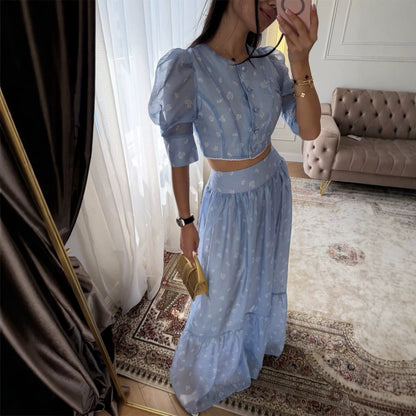 Women's Two-Piece Chiffon Set with Cropped Puff Blouse and Tiered Maxi Skirt EVA-US