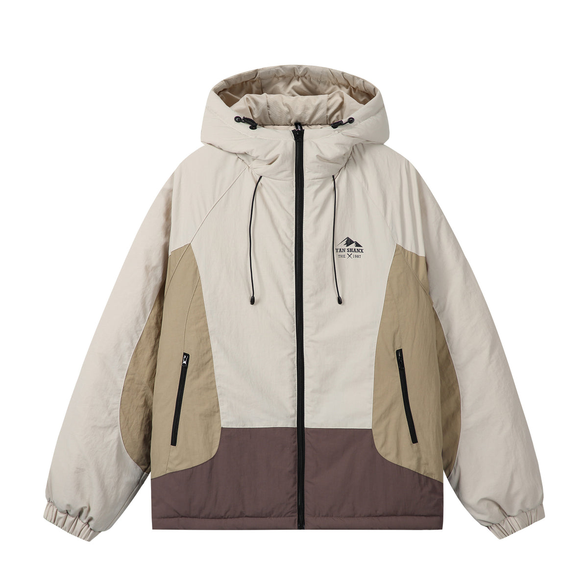 Unisex Boxy Colorblock Hooded Puffer Jacket with Windproof Cover and Zip Pockets EVA-US