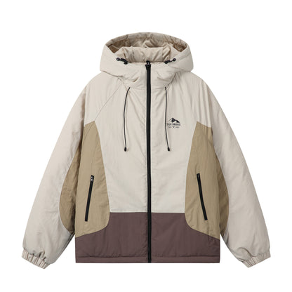 Unisex Boxy Colorblock Hooded Puffer Jacket with Windproof Cover and Zip Pockets EVA-US
