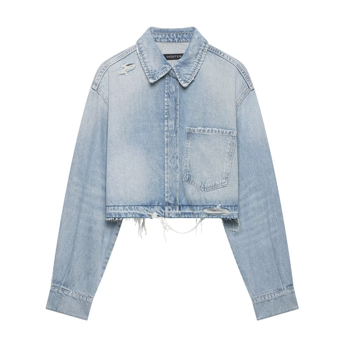 Women's Cropped Denim Jacket in Used-Look with Frayed Hem and Oversized Sleeves EVA-US